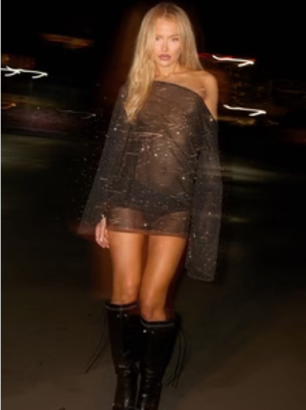 Sheer Mesh Glitter Off-Shoulder Mini Tunic by Luana the Label